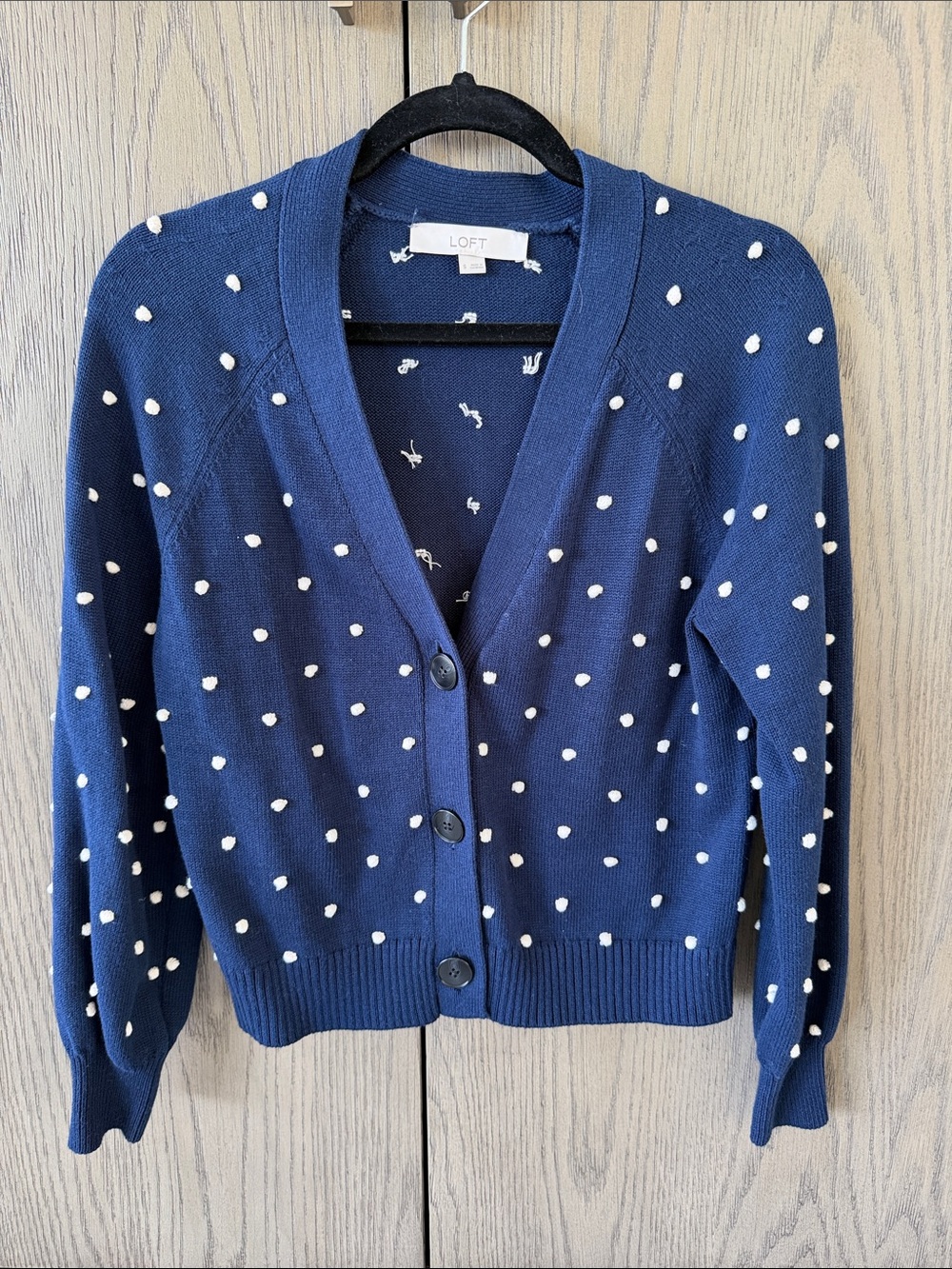 LOFT Navy Blue Polka Dot Button Front Cardigan Size S 100% cotton